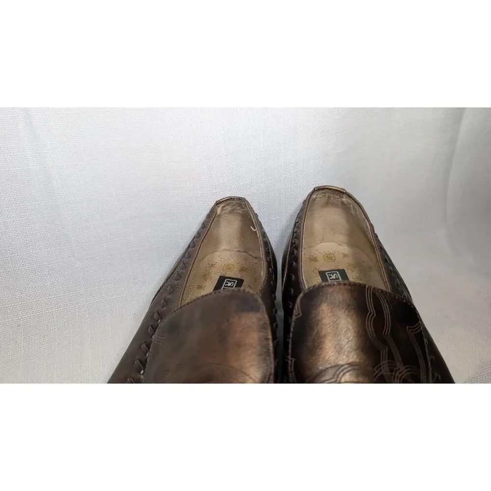 Stacy Adams Mens Western Leather Loafers 11.5 Brown Square Toe Bronze Metallic‎